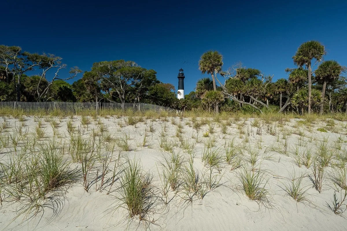 Hunting Island State Park sand dunes at the beach and lighthouse