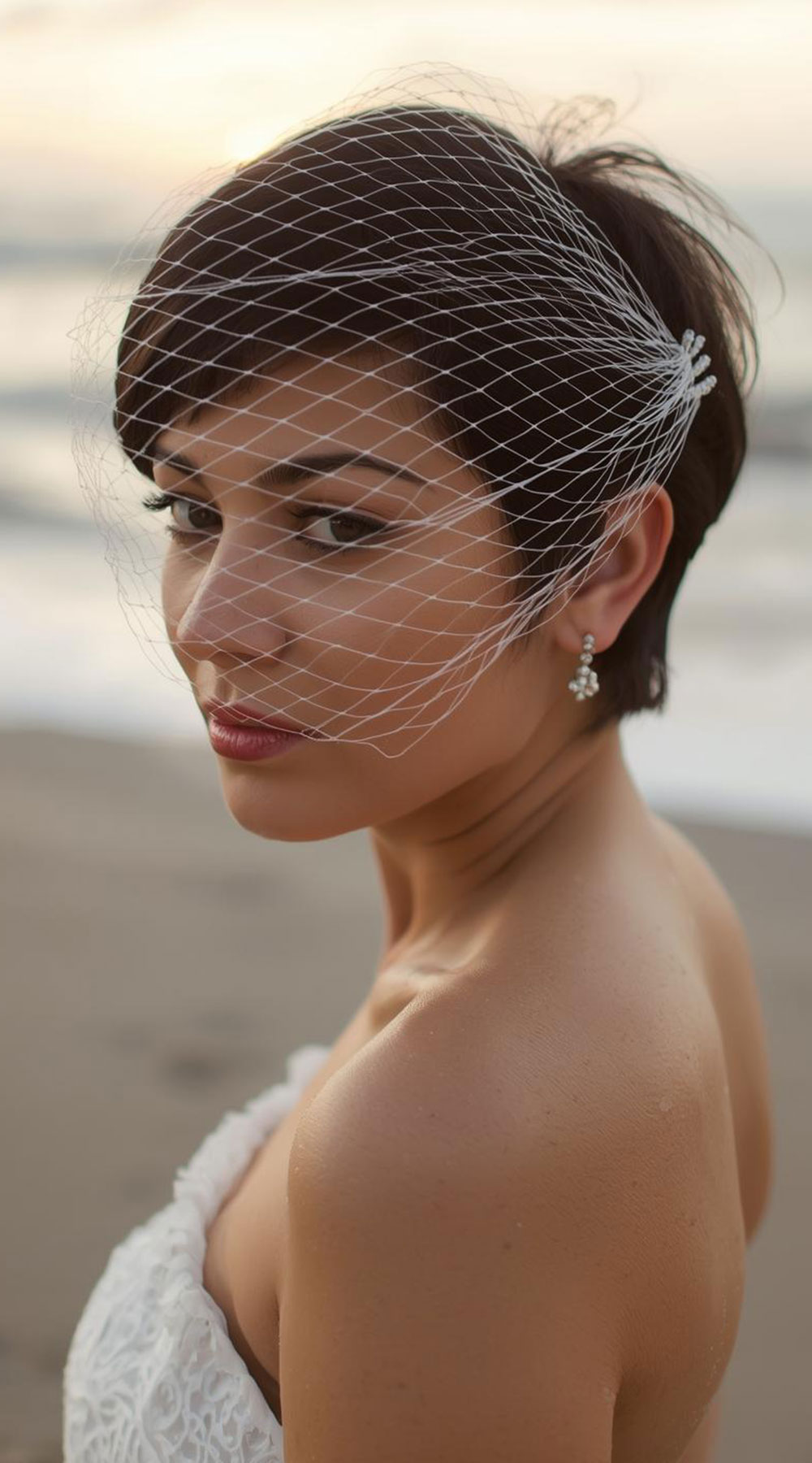 bridge on seashore wearing short veil