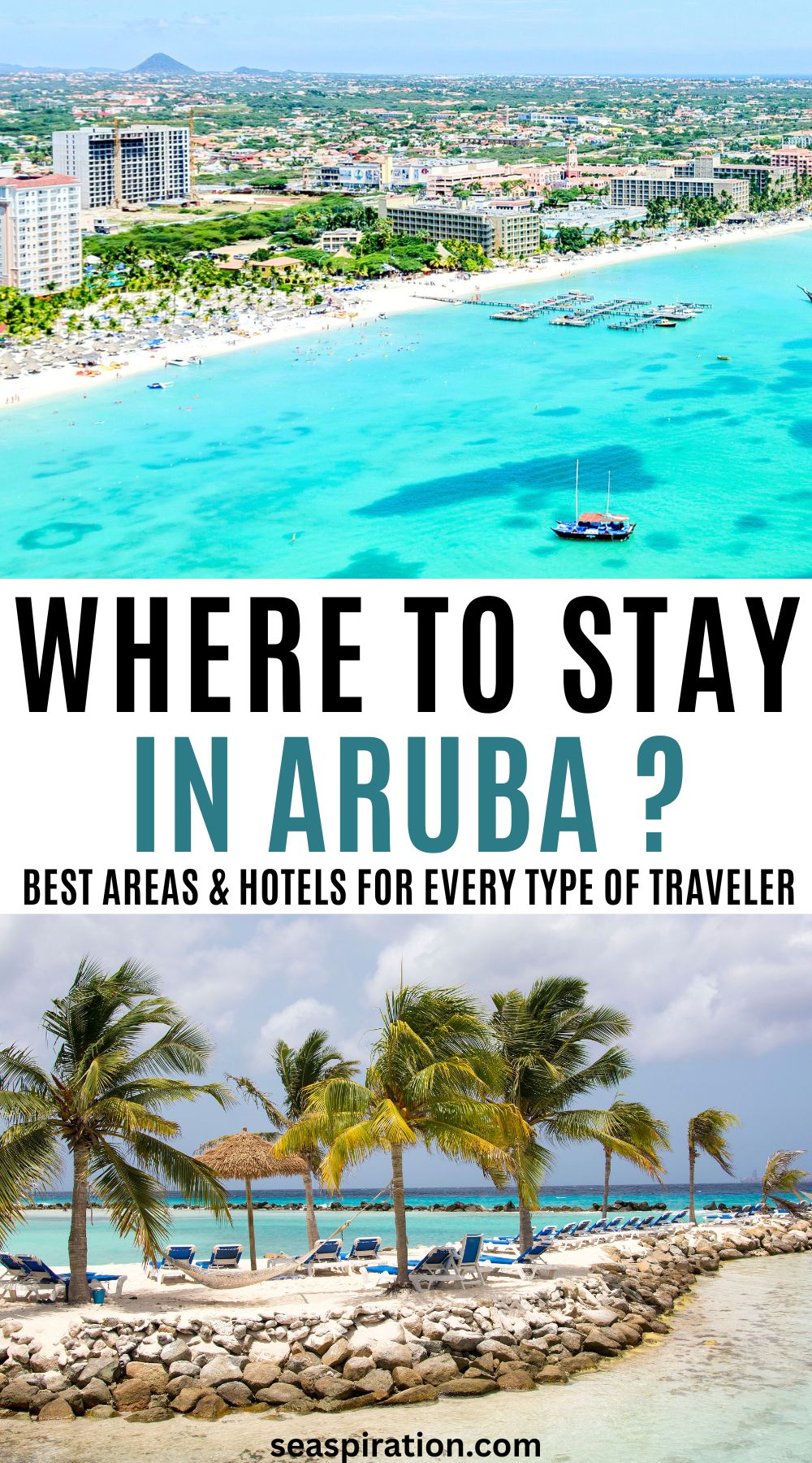 Aruba's shoreline with beautiful white sandy beach, sunbeds and resort buildings