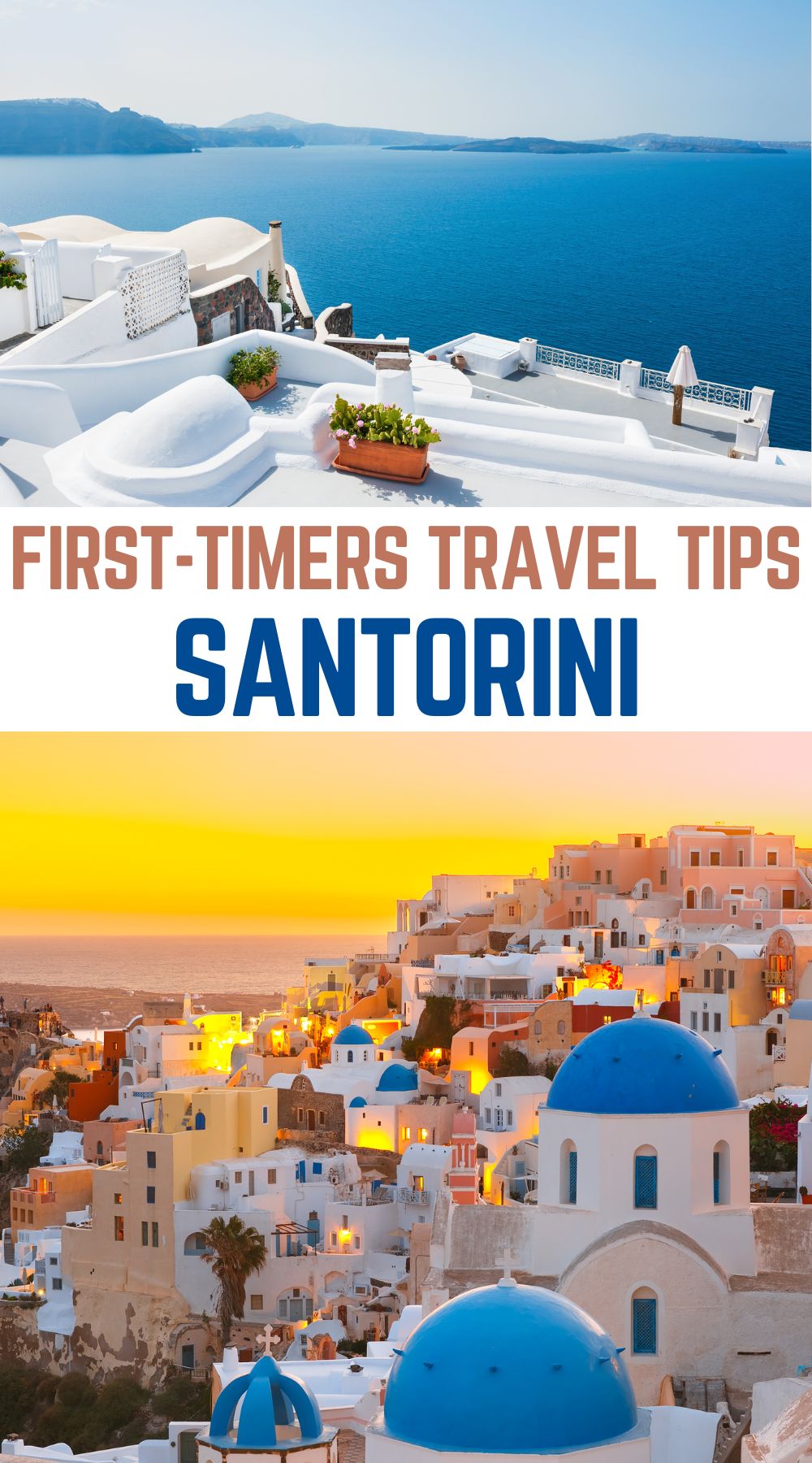 iconic Santorini views: white buildings and blue churches during the day and at sunset