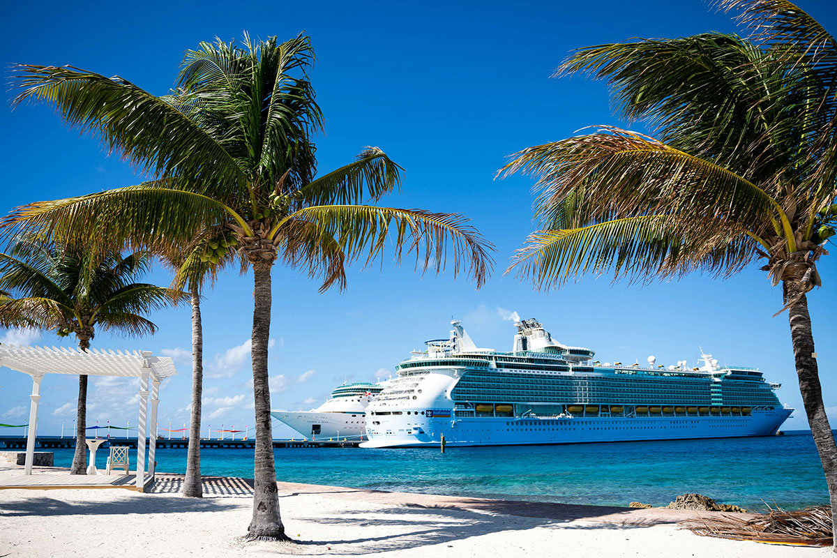 Royal Caribbean cruise ship docked at a tropical destination next to a white sand beach with palm trees