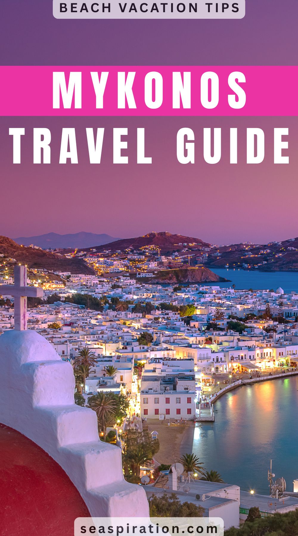 evening view of Mykonos island, with illuminated houses and streets