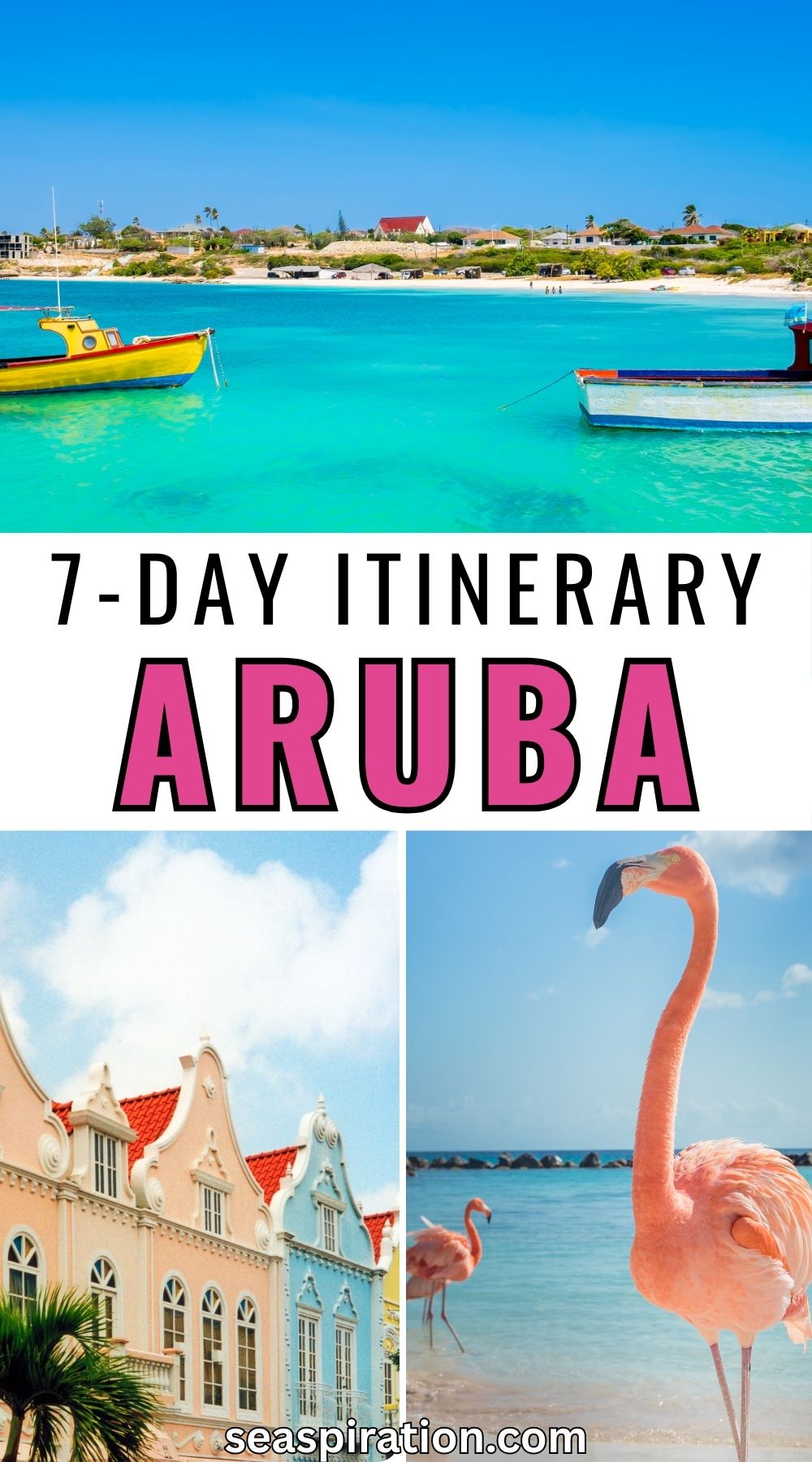 photos showing different parts of Aruba island like Rodgers Beach, Flamingo Island and Oranjestad