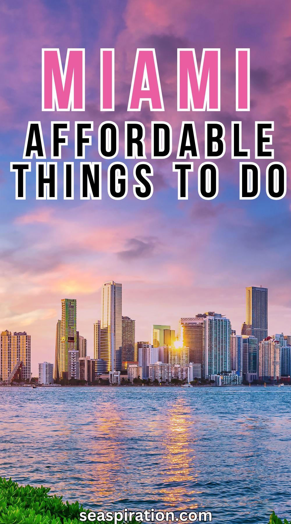 Miami skyline view at sunset with sky turning into pink and purple